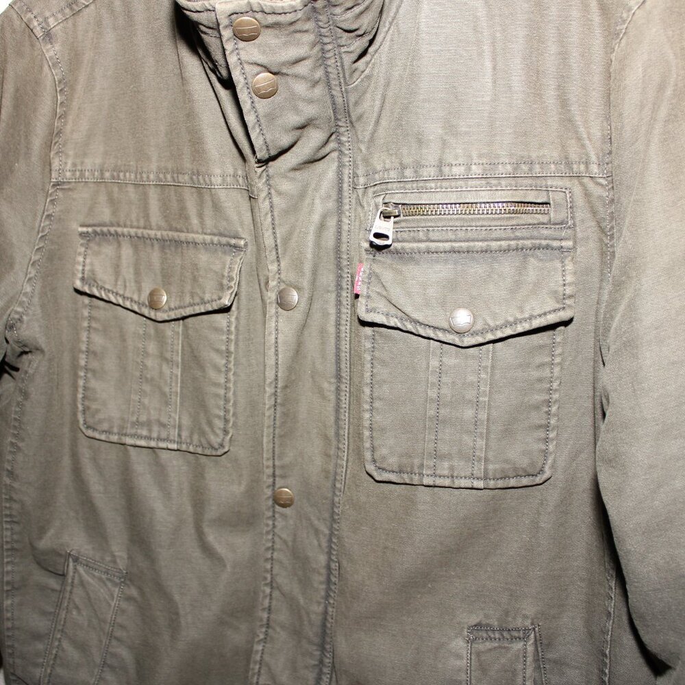 Levi's Mens Canvas feel Quilted Interior Green Heavy Coat Zip Snap Size Medium - Picture 2 of 13